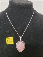 German SIlver Rose Quartz Pendant Necklace w/Chain