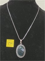 German Silver Moss Agate Pendant Necklace w/ Chain