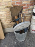 Galvanized trash can and shovel, pick, more.