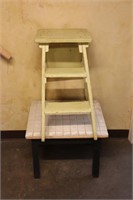 Tile Top Table & Wood Stepstool/Plant Stand
