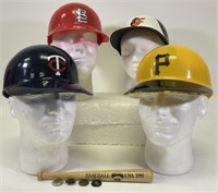 4 Vintage MLB Plastic Helmets & 1980's Crane Pins
