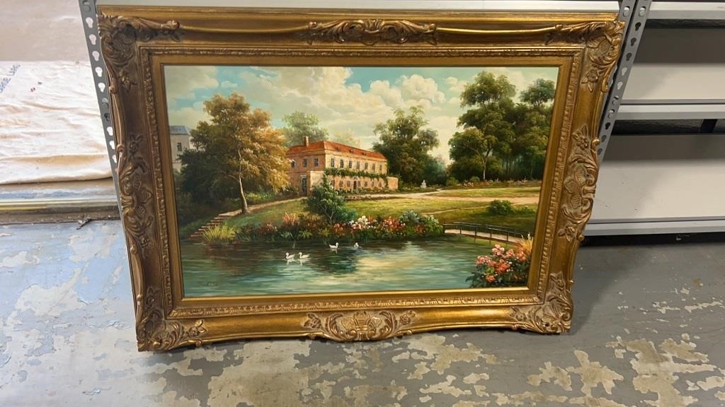 Oil on Canvas of House and Pond by Frank Johnson