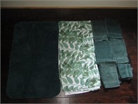 Green Bathroom Rug, Hand Towel, Shower Curtain.