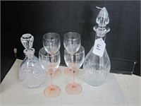 2 LEADED GLASS DECANTERS AND 4 GOBLETS