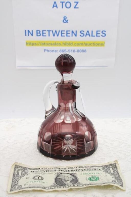 AMYTHEST & CLEAR GLASS CRUET & STOPPER