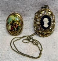 Vtg Cameo Necklace Locket, Porcelain Colonial