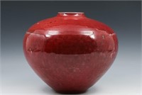 SIGNED RED MOTTLED GLAZE ART POTTERY VASE