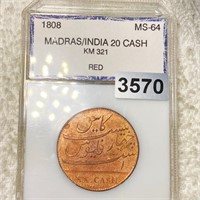 1808 Madras India 20 Cash PCI - MS 64 RED