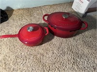 2 Red Cast Iron Dutch Ovens