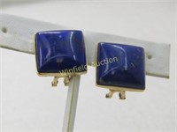 Vintage 14kt Lapis Lazuli Clip Earrings, 16.5mm Sq