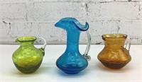 3 miniature WV crackle glass pitchers 3-5"