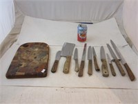 Planche à découper avec lot de couteaux vintage