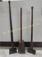 3 VTG WOODEN HANDLE TAMPERS, 2 W/ CAST IRON BASES