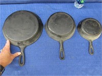 3 vintage iron skillets (10in, 8in, 6in)