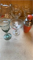 Glass margarita glasses, pitcher, shaker