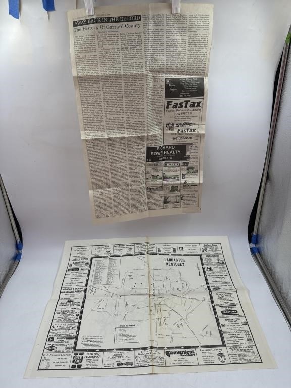 Vintage Lancaster Ky map & newspaper article f