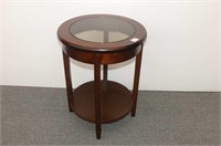 Wooden Round Side Table W/ Glass Top