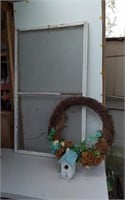 Wreath w/ wood birdhouse & vintage screen