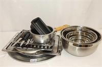 Set of Stainless Steel Mixing Bowls and Various Pa