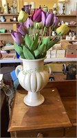Glazed ceramic two handled vase with faux tulip