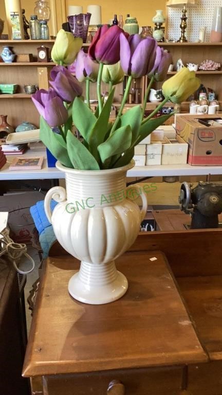 Glazed ceramic two handled vase with faux tulip