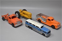 (4) Vintage Metal Toy Cars, Tractor, Trucks & Bus