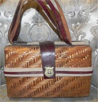 1970's Woven Basket Purse, Leather Straps