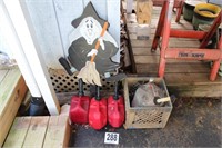 (4) Gas Cans, Crate & Witch Decor
