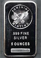 5 Troy Oz .999 Fine Silver Bar Sunshine Minting