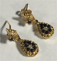 Pair Of 14k Gold, Diamond & Sapphire Earrings