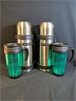 2 Arcosteel Thermos' 12"H and 2 travel mugs 8"