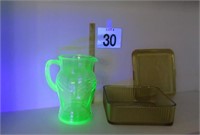 Vtg Uranium Glass Pitcher & Fed. Ref. Glass Dish