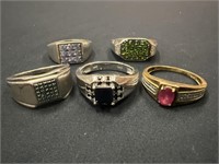 5 Men’s Rings: Square Cluster Ring, stamped 925;