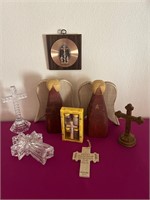 Wood Angel Figurines, Glass Cross Trinket Box ++