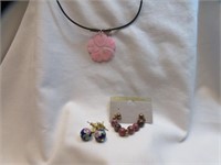 FLORAL PINK PENDANT ON CORD & 2 PR EARRINGS