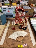 Asian lady figurines,lamp & Asian folding fan