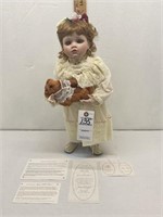 "Amelia" A Porcelain Doll Holding A Bear, 20.5 "