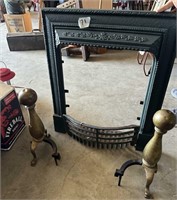 CAST MANTEL FIREPLACE SURROUND AND BRASS ANDIRONS