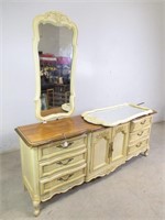 Vintage Yellow Toned Wooden Dresser w/ 2 Mirrors