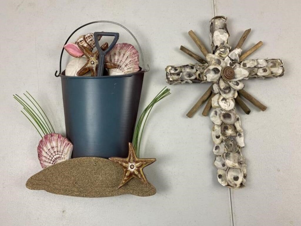 Bucket of shells wall decor and Clam shell cross