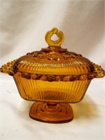 Indiana Glass Amber Lace Edge Ribbed Candy Dish