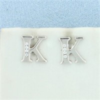 Diamond "K" Initial Earrings in Sterling Silver