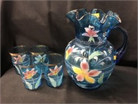 Art Glass Paint Decorated Water Pitcher Set