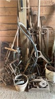 EARLY HAND TOOLS, HAND AUGER, HORSE SHOE, ETC.