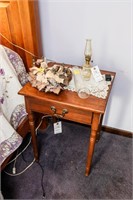 Wooden Side Table; Sm Oil Lamp; Tall Aladdin
