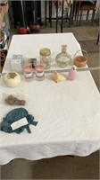 Vintage match box, cups, sea shells, doll bonnet