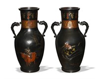 Pair of Japanese Mixed Metal Bronze Vases, Meiji