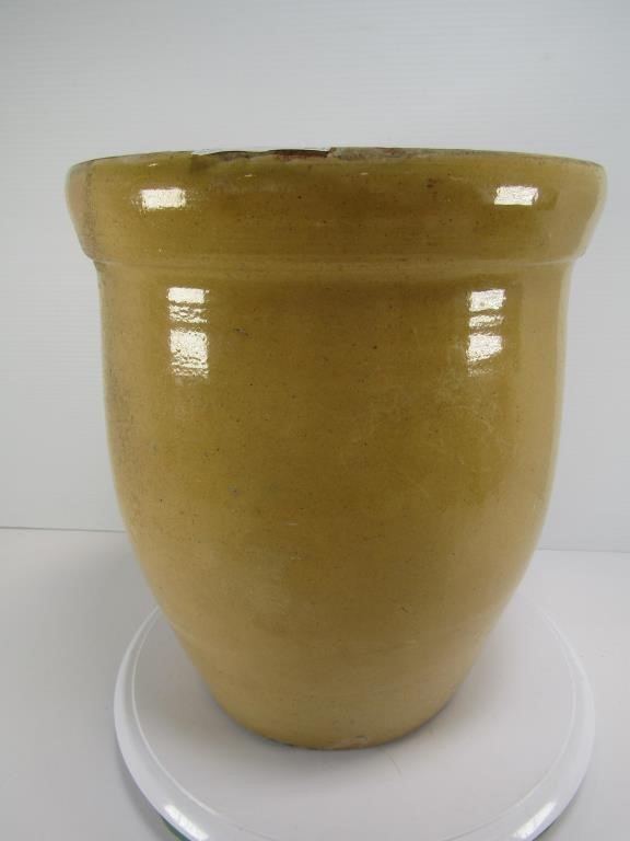 YELLOW GLAZED OPEN STONEWARE CROCK - 11.5" TALL