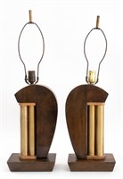 Art Deco Moderne Brass and Wood Table Lamps, Pair