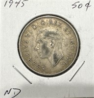 1945 50 Cents Silver Coin- Narrow Date (ND)